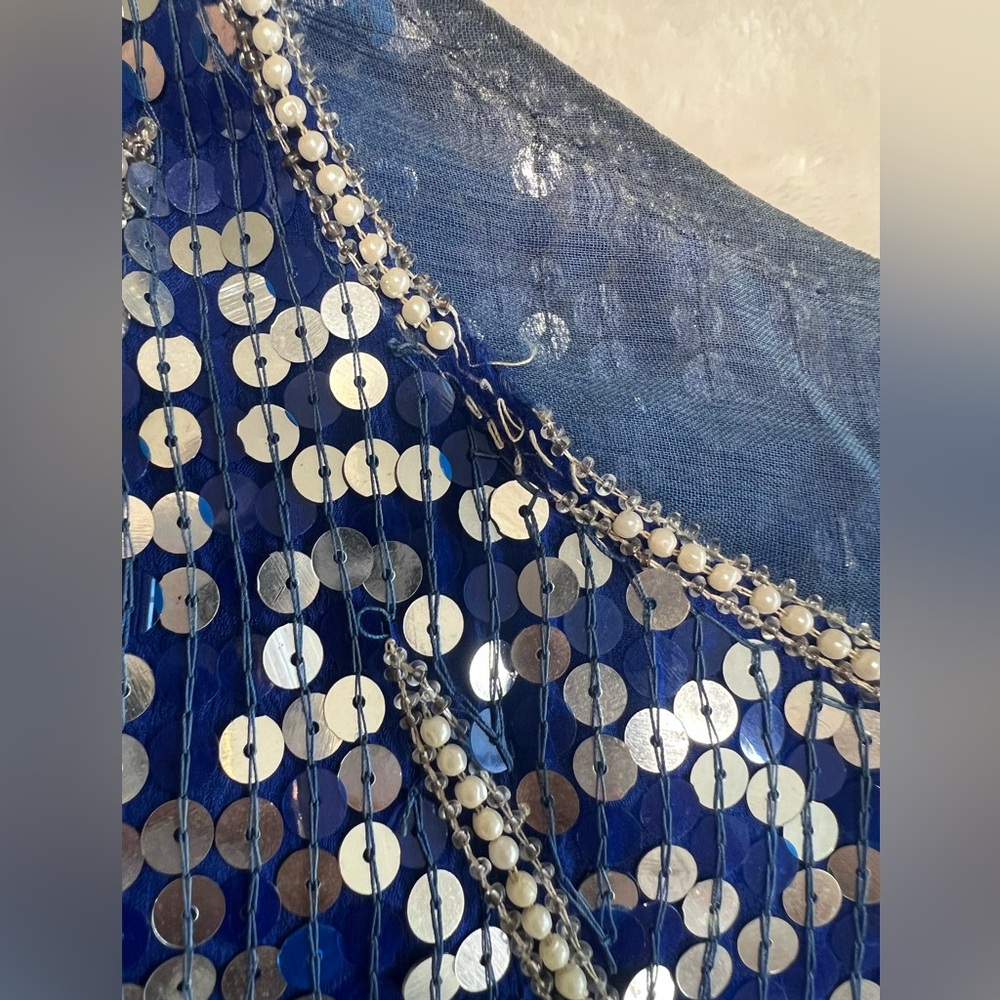 Vintage Blue Sequin Beaded Silk Dress Art Deco Midi Party Formal - Picture 15 of 16